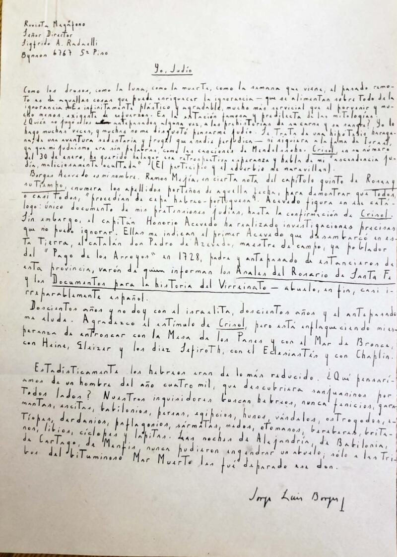 Original Manuscript "Yo, Judio" by Jorge Luis Borges